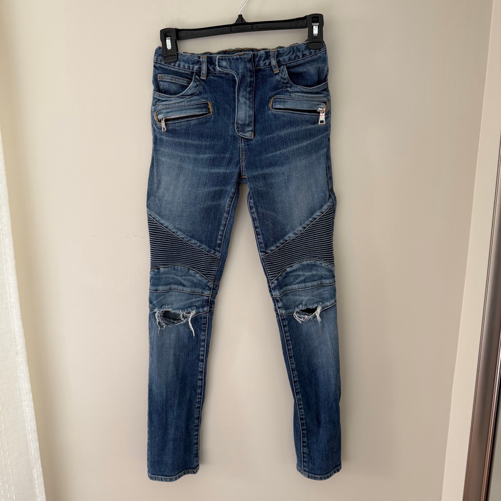 Balmain Paris Boys Blue Distressed Biker Moto Jeans Size 12a Made In Japan